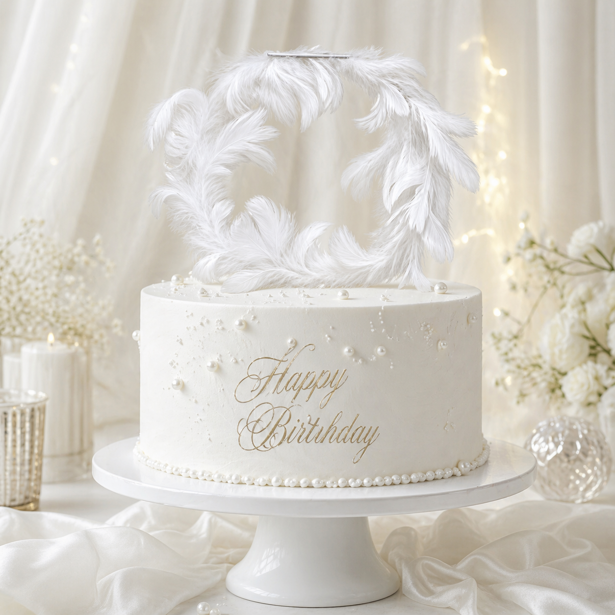 White birthday cake with gold 'Happy Birthday' text and feather decoration on a white background.