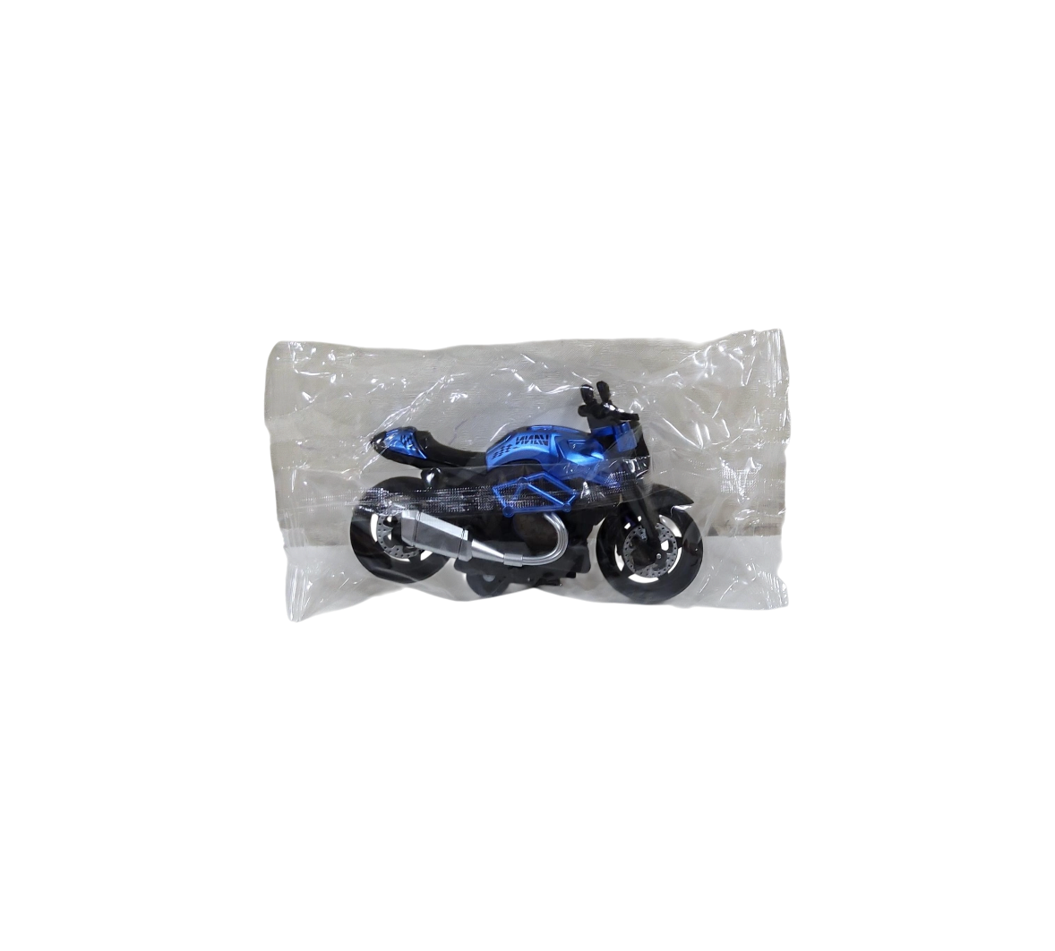 Small blue motorcycle model inside a transparent bag on a transparent background
