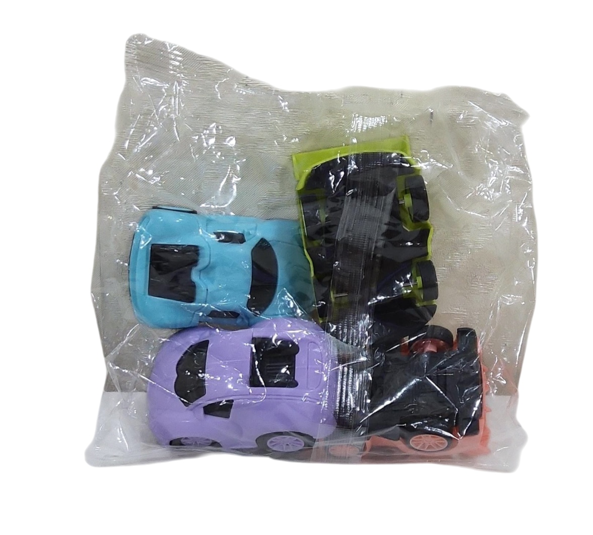 4 in 1 Colorful car cake toy topper set in a Transparent plastic bag on a transparent background