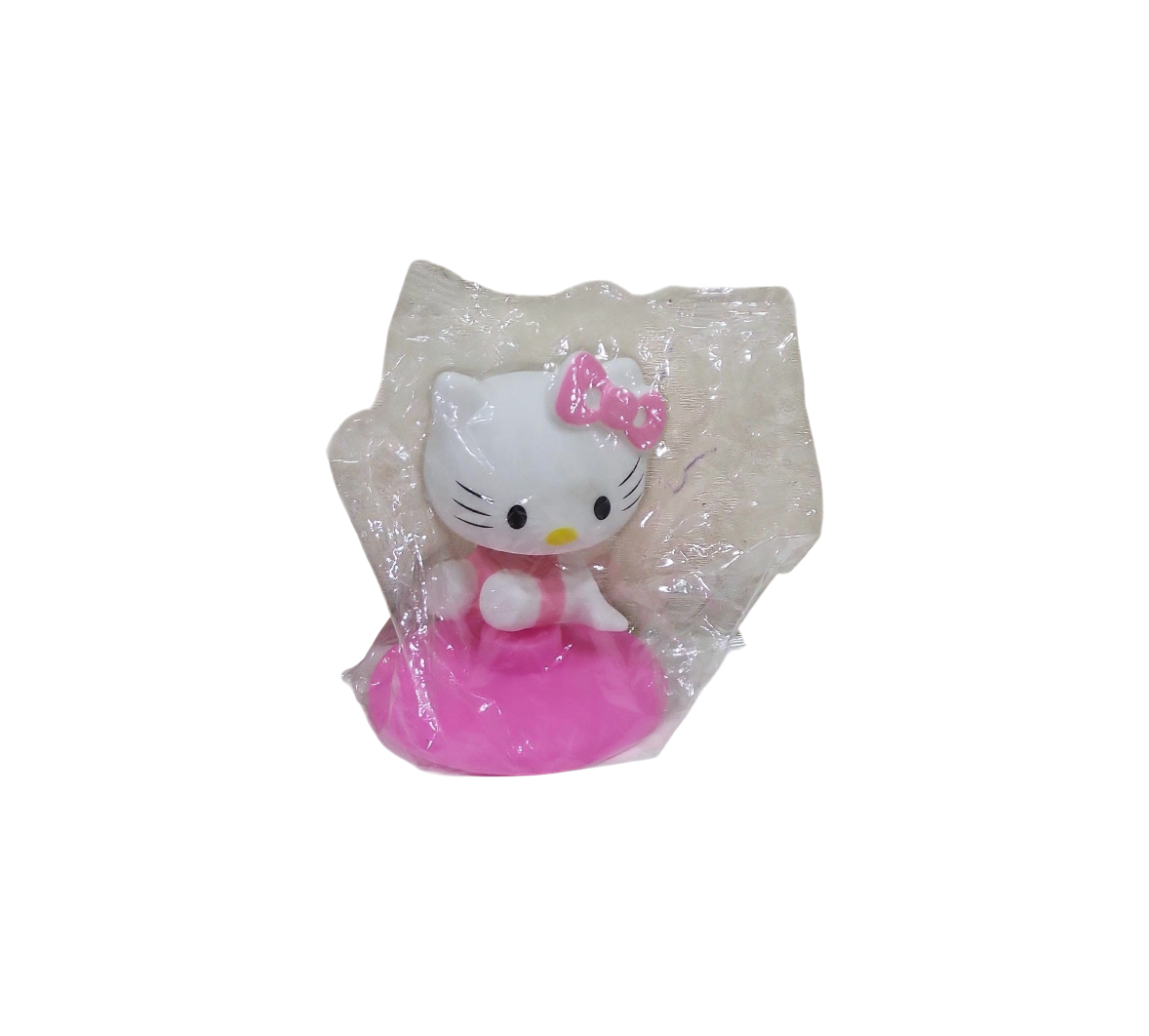 Cake toy topper resembling a hello kitty character with a pink bow and dress in transparent packaging on a transparent background