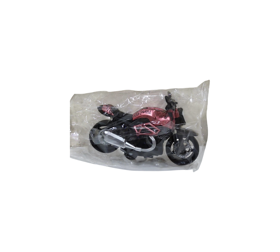 Small maroon motorcycle model inside a transparent bag on a transparent background