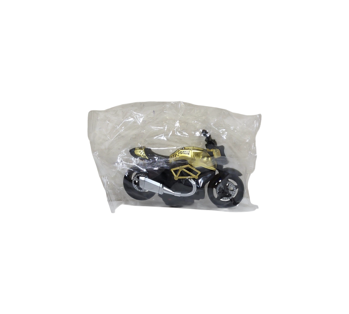 Small golden motorcycle model inside a transparent bag on a transparent background