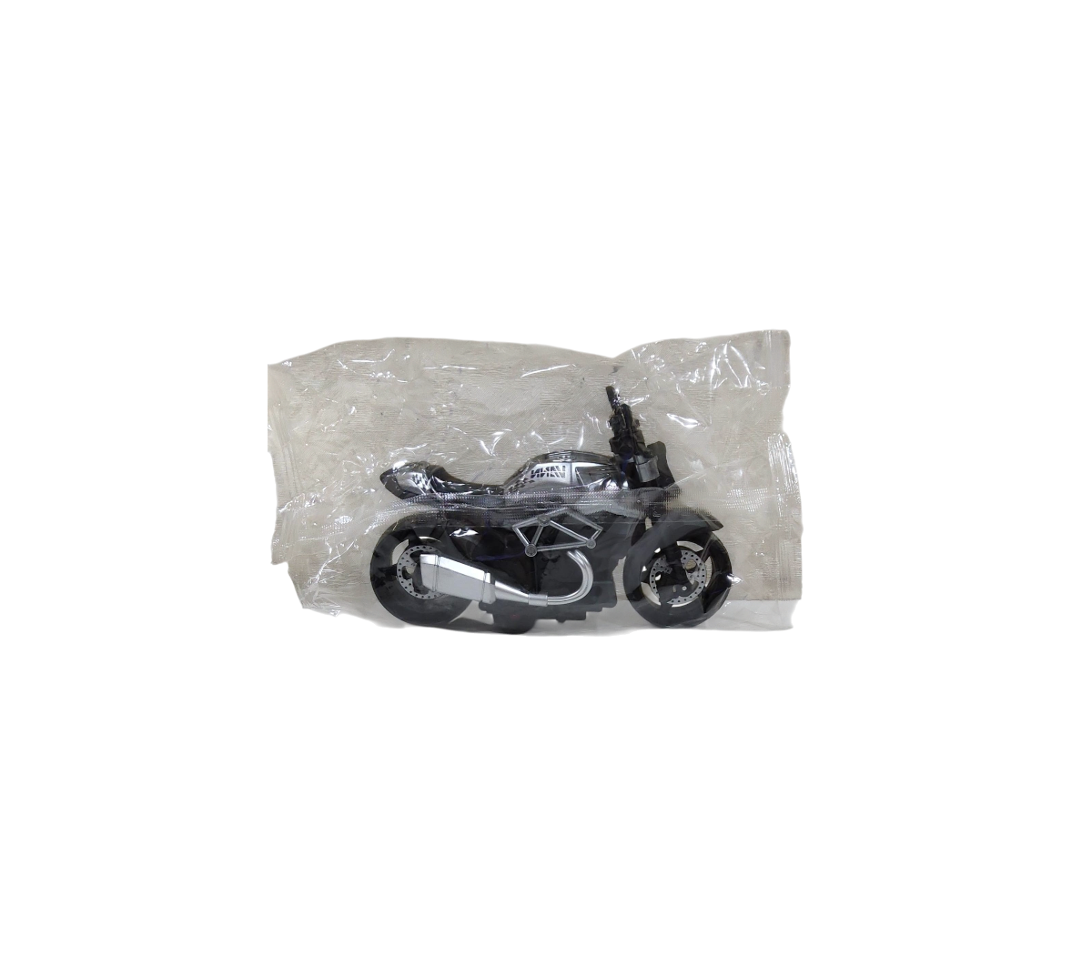 Small silver motorcycle model inside a transparent bag on a transparent background