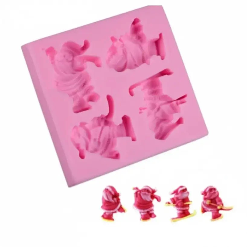 4-Cavity Action Santa Claus Sports Silicone Mold – Skiing & Dancing Christmas Toppers | FM158