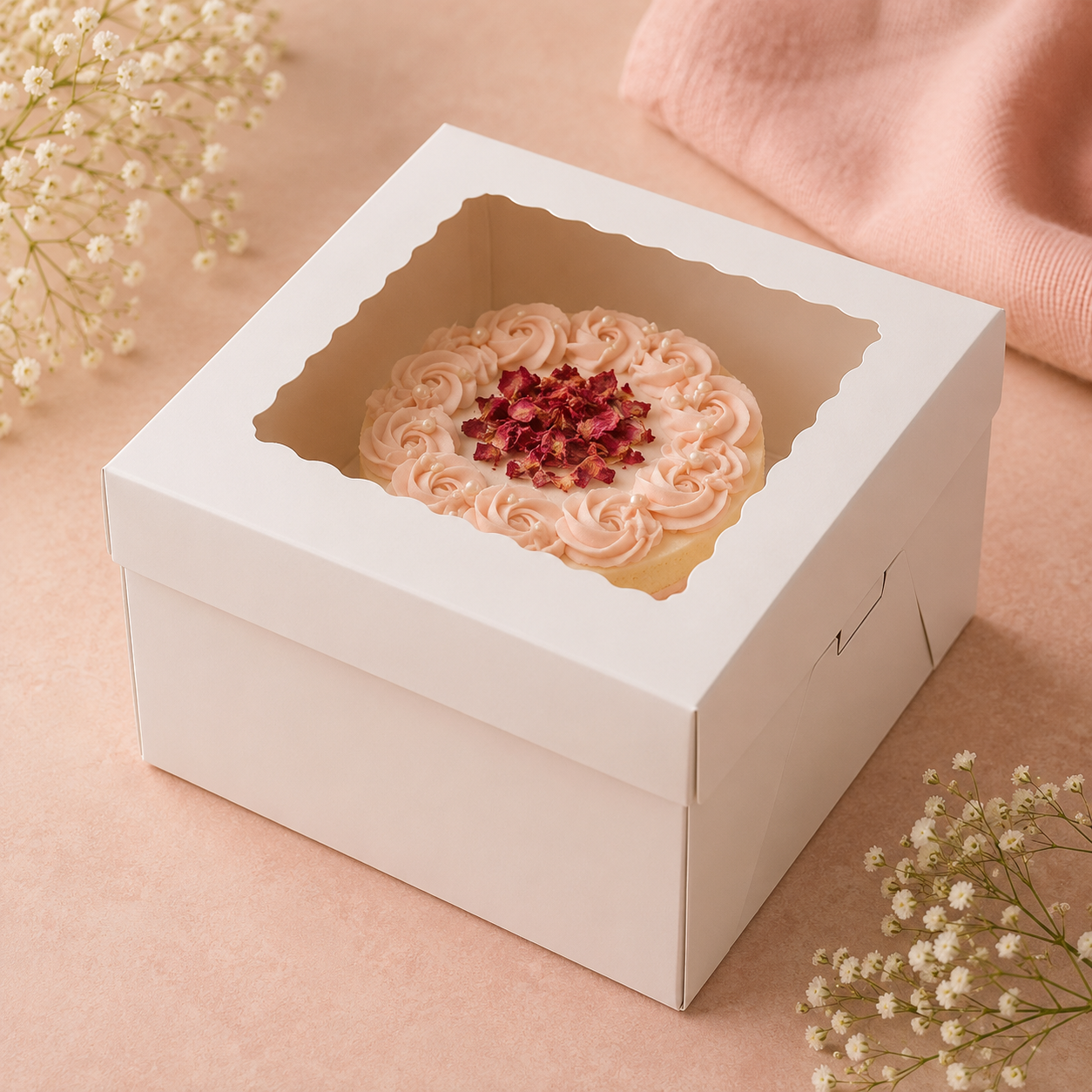 cake in a white box with a clear window on a pink background