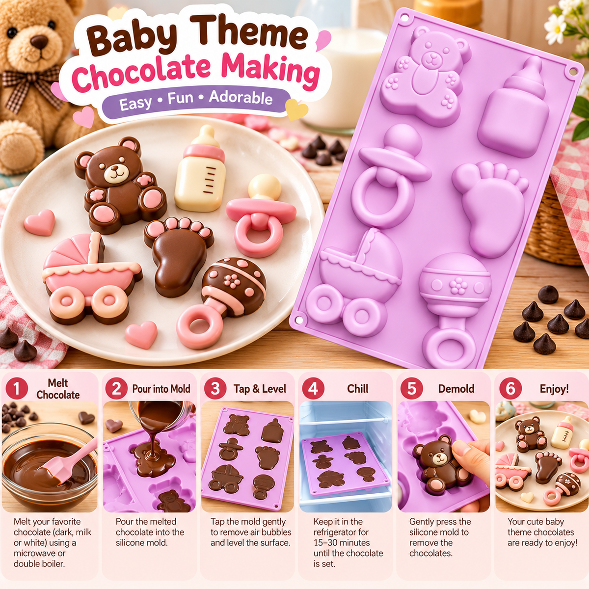 CM285 Baby Theme 6 Cavity Silicone Chocolate & Cake Mould – Teddy Bear, Feeding Bottle, Baby Foot, Pacifier,Baby Stroller & Rattle