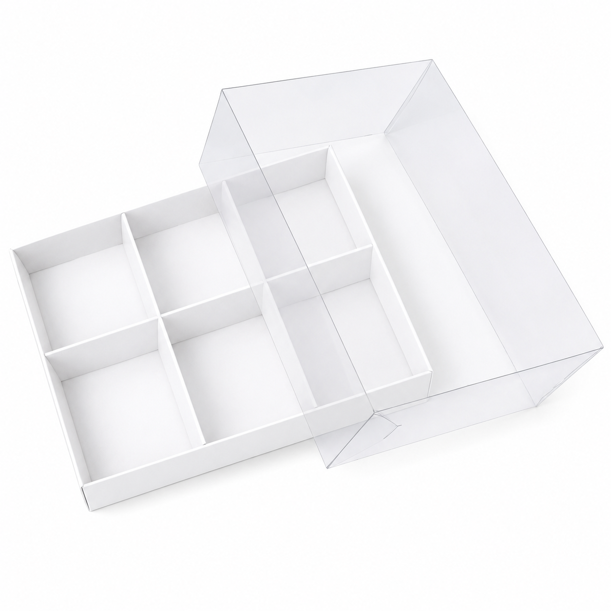 White 6 Cavity Desserts box with compartments on a white background