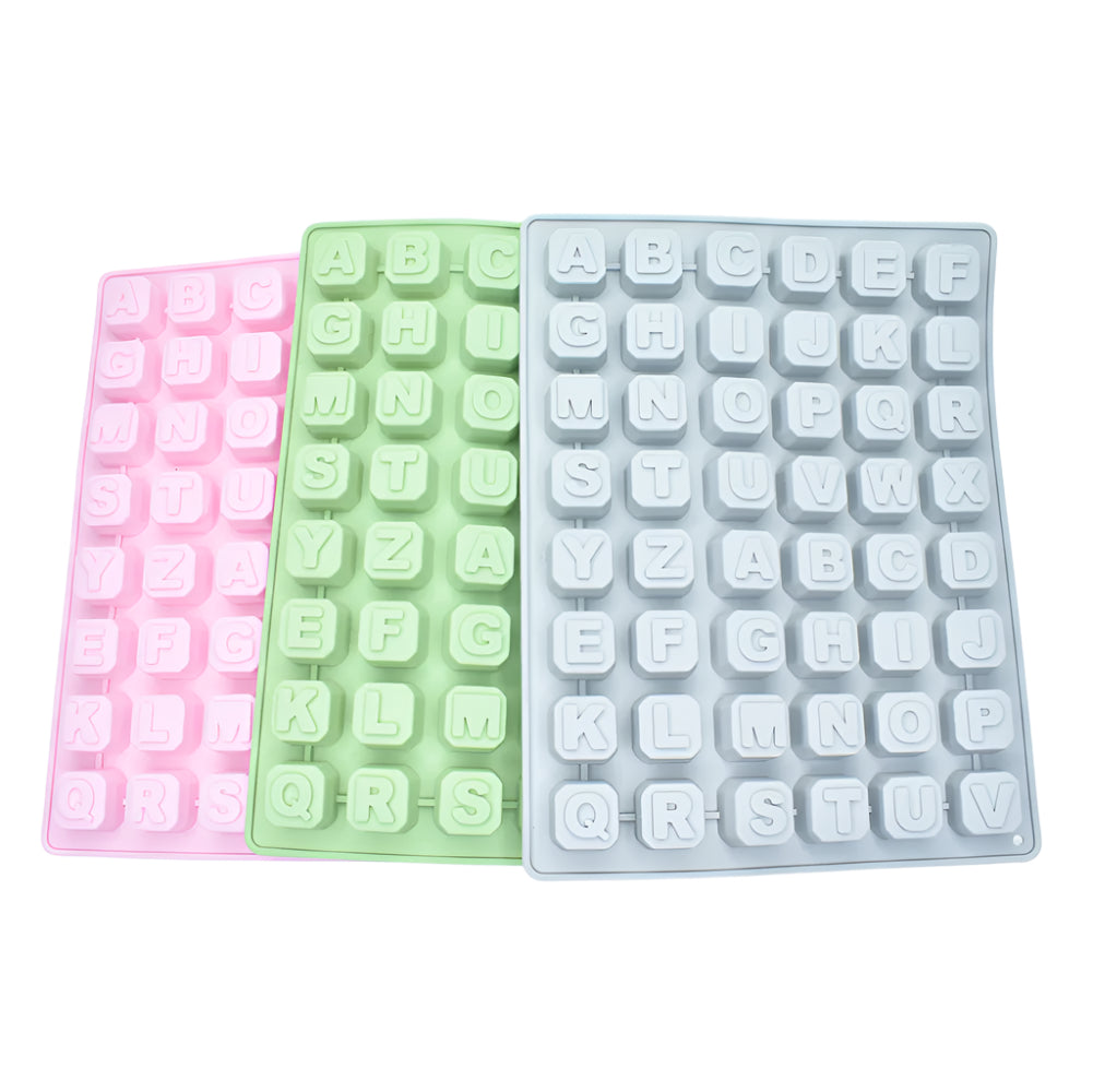 Grey, green, and pink A to Z Alphabets Chocolate Molds stacked for a clear view on a white background.