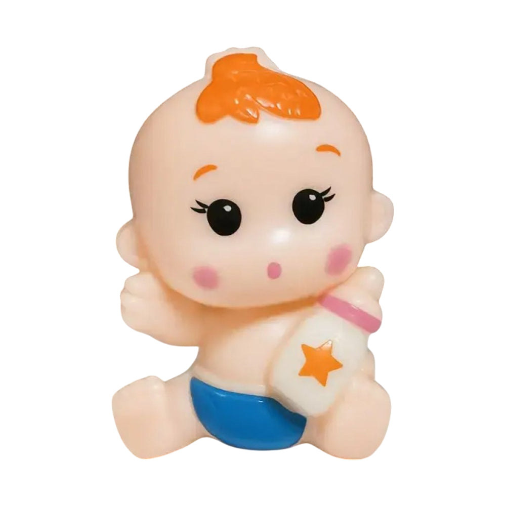 Cute baby girl cake toy topper figurine with orange hair tied in a bow, wearing a pink diaper and holding a white milk bottle with a heart – perfect for baby shower cakes, first birthday decorations, or girl-themed fondant cake setups