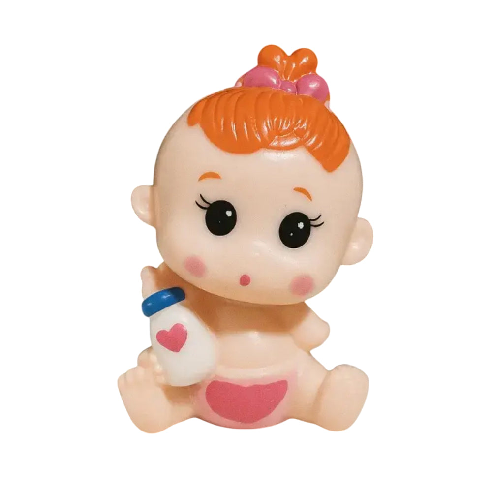 Cute baby girl cake toy topper figurine with orange hair tied in a bow, wearing a pink diaper and holding a white milk bottle with a heart – perfect for baby shower cakes, first birthday decorations, or girl-themed fondant cake setups