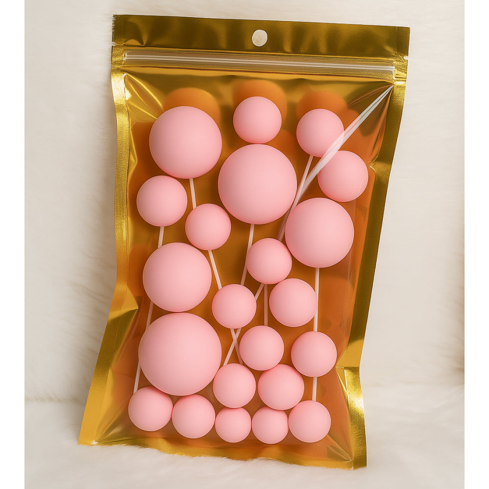 Baby Pink matte faux balls in assorted sizes sealed inside a transparent zip-lock packet – ideal for modern cake decoration or DIY crafts