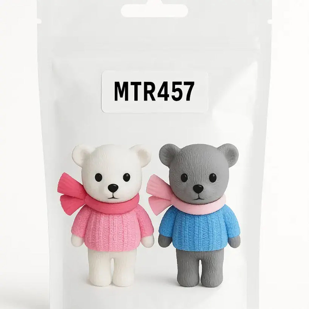 Packaged toy topper set of white and grey bears in colorful winter scarves and sweaters – labeled MTR457 for themed cakes or cute collectibles