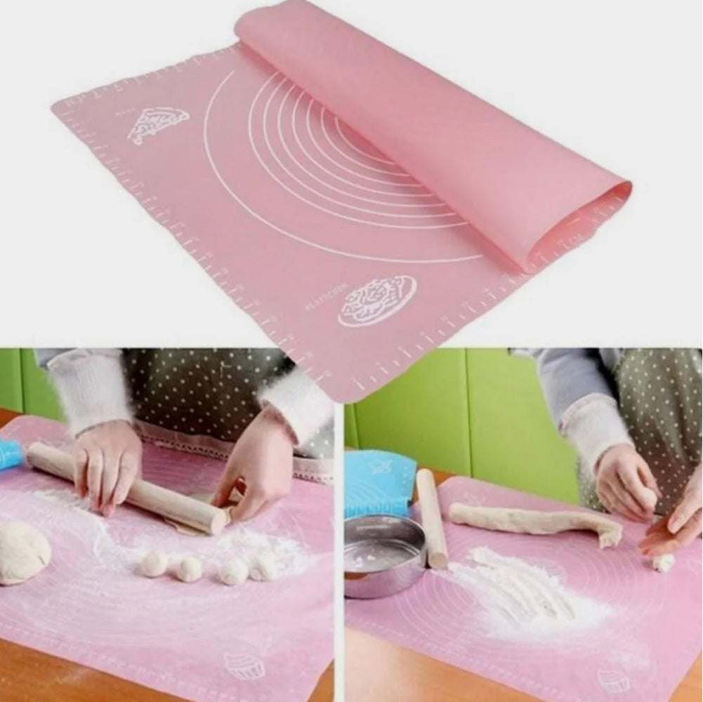 Big Silicone Mat for Baking in use, showing dough being rolled out on its non-stick surface.
