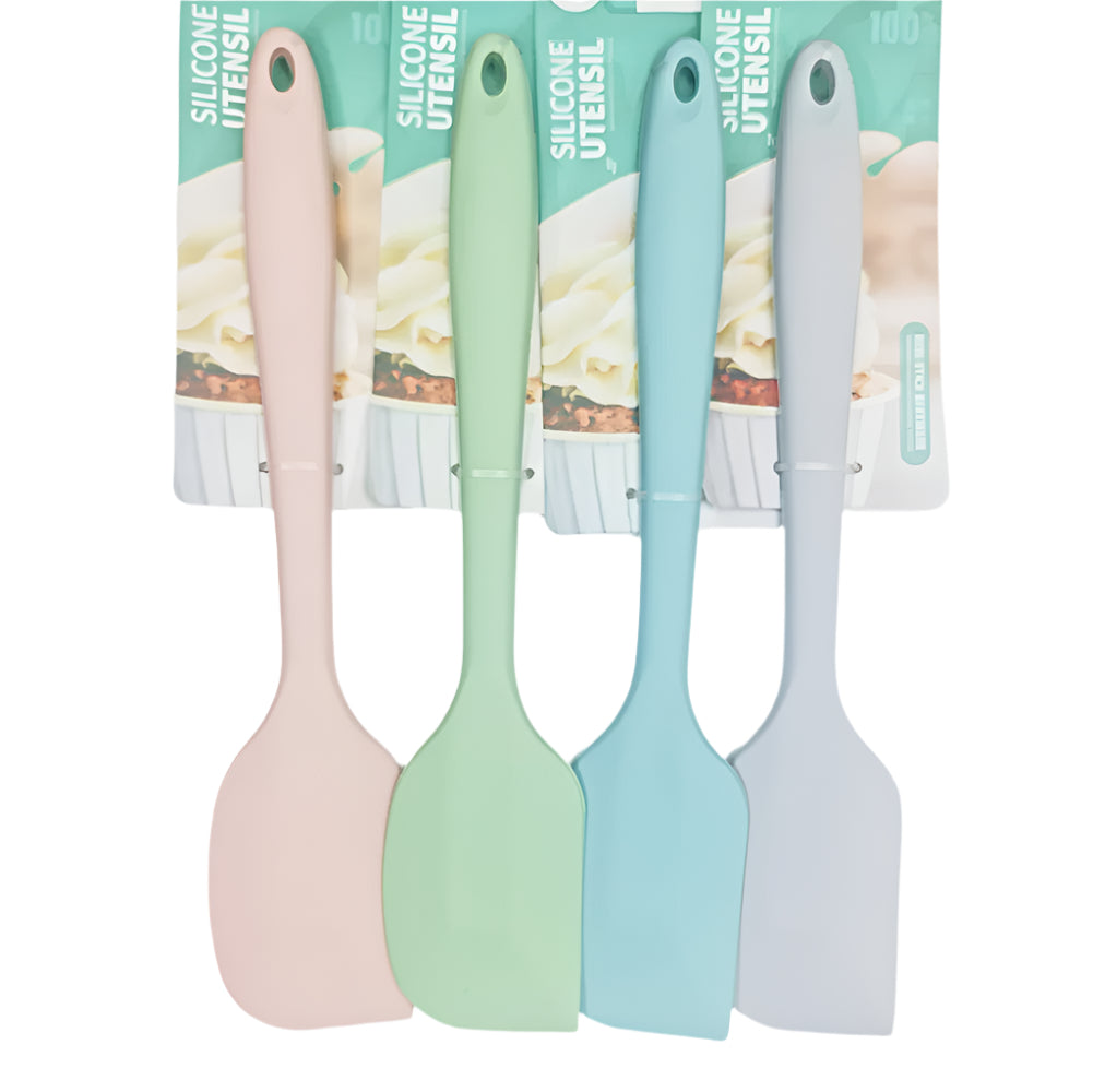 Image contains 4 different colored Big Silicone Spatulas (pink, blue, green, gray) neatly arranged on a white background for clear visibility.