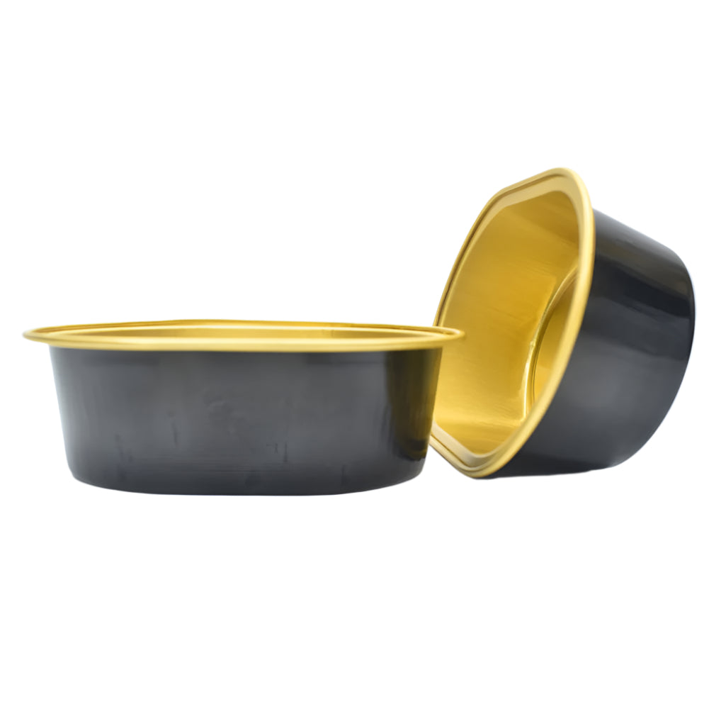 Black Egg Shaped Foil Containers, one placed sideways on the side of the other, on a white background.