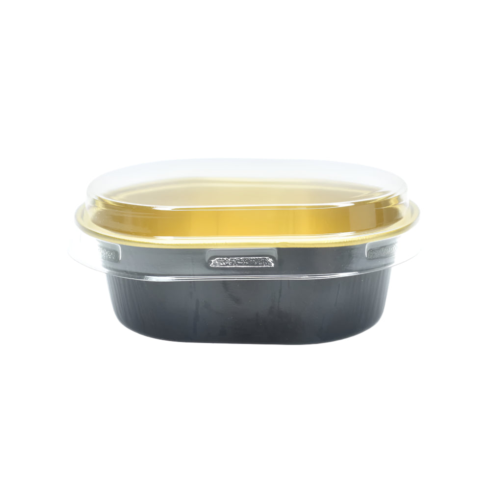 Black Egg Shaped Foil Container with a lid on top on a white background.