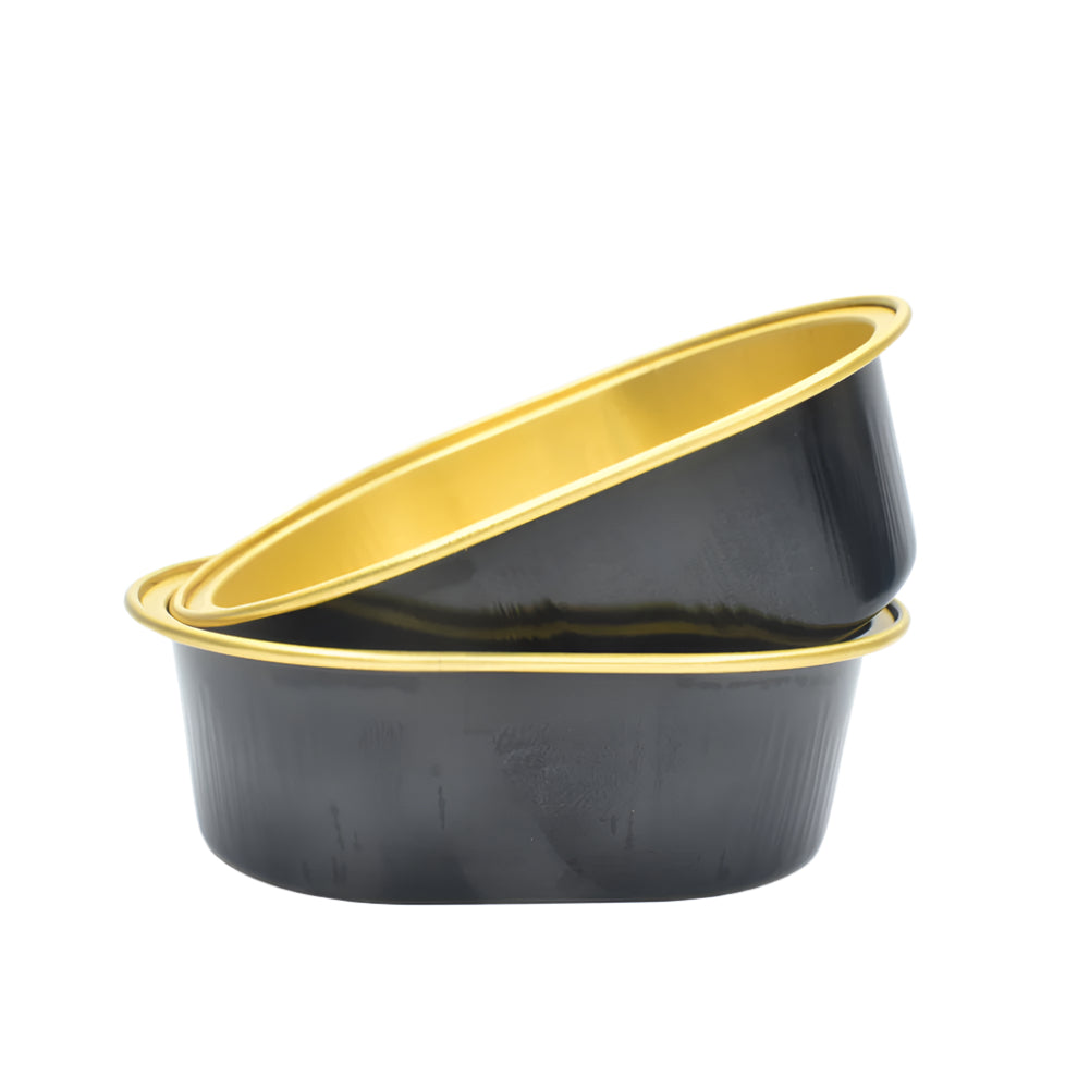 Black Egg Shaped Foil Containers, one placed sideways on top of the other, on a white background.