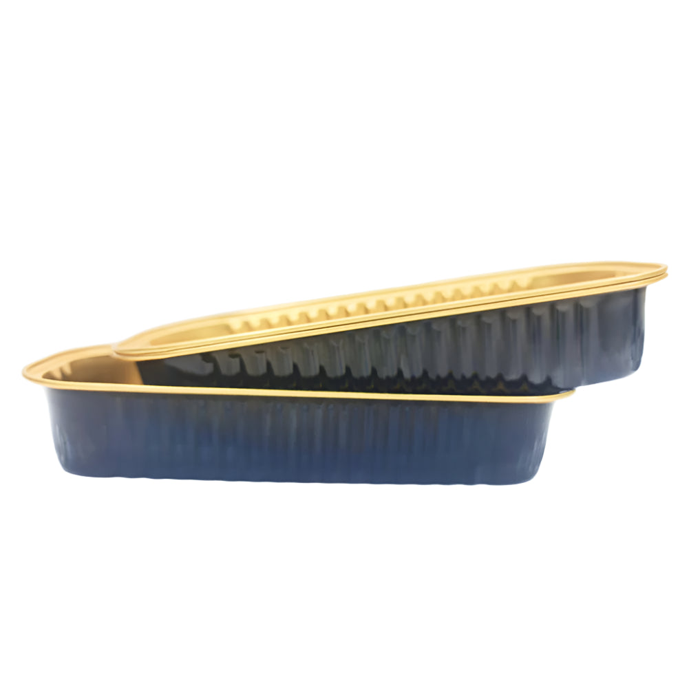 Two Black Rectangular Foil Containers placed side by side on a white background
