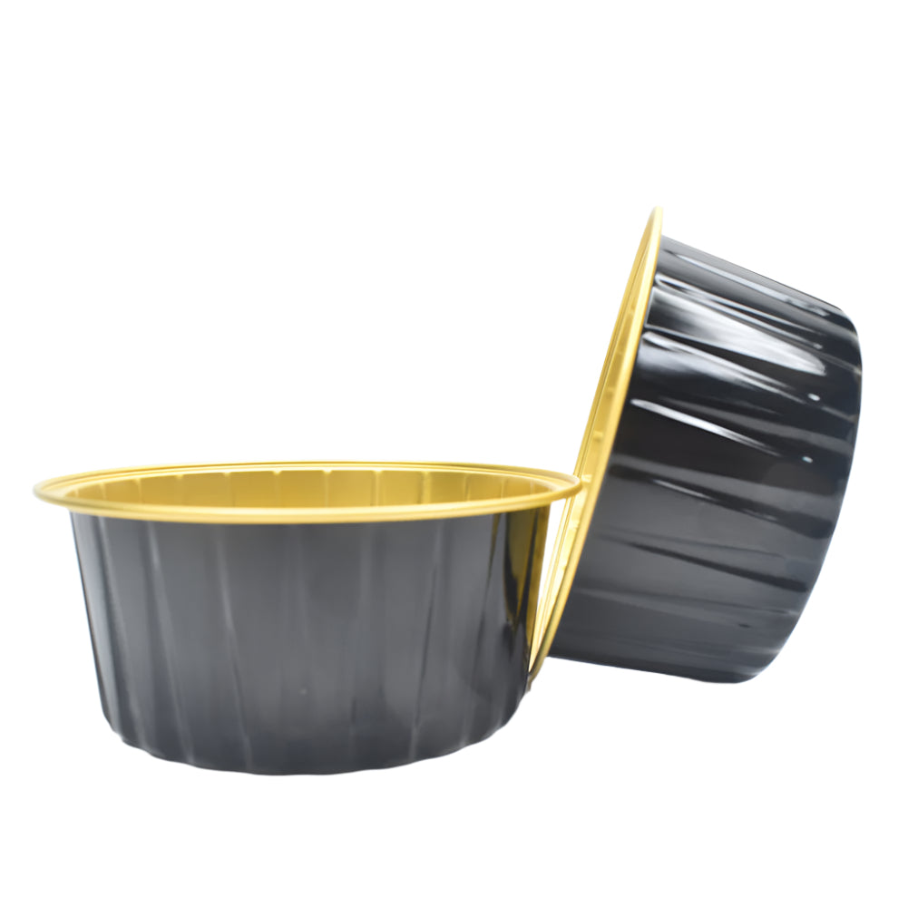 Black Round Foil Containers, one placed sideways on the side of the other, on a white background.