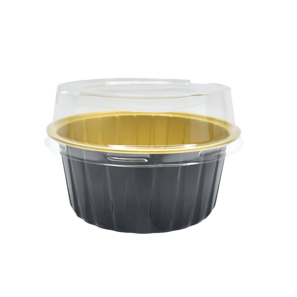 Black Round Foil Container with a lid on top on a white background.