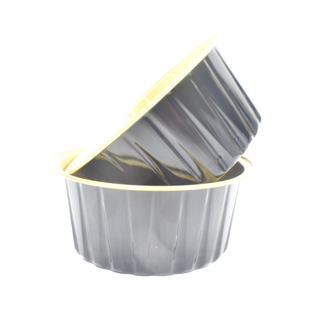 Black Round Foil Containers, one placed sideways on top of the other, on a white background.