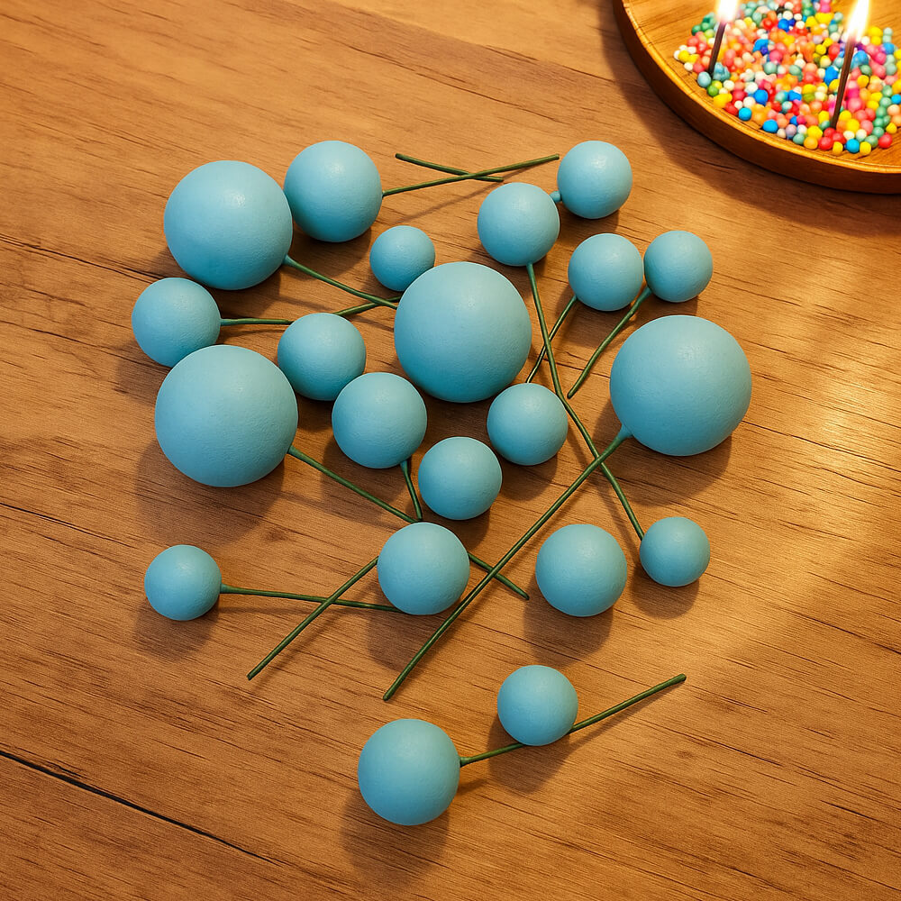 Blue Matte Decorative faux balls displayed on a table with a bowl of colorful sprinkles in the corner, perfect for creative cake decorating.
