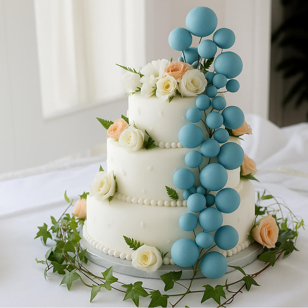 Blue Matte Faux balls used as elegant cake toppers, adding a stylish touch to a finished cake for parties and celebrations.