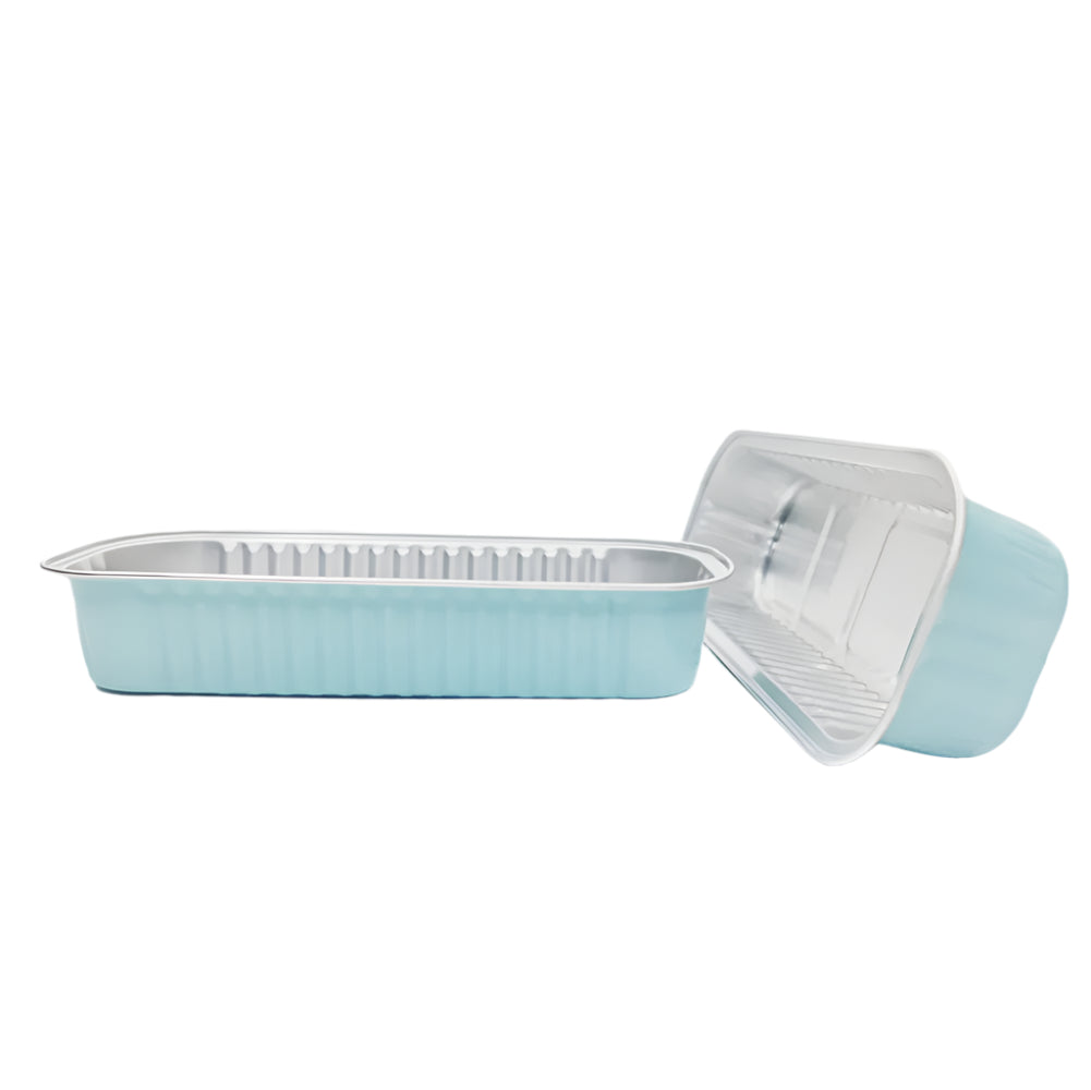 Two Blue Rectangular Foil Containers placed side by side on a white background