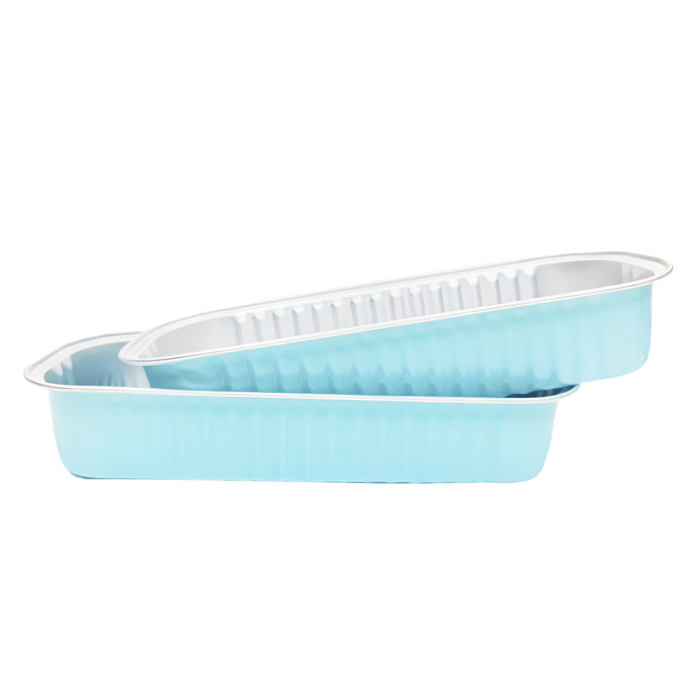 Two Blue Rectangular Foil Containers stacked sideways on a white background
