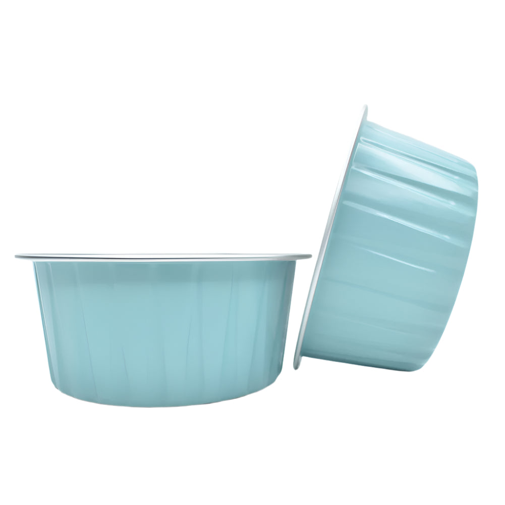 Blue Round Foil Containers, one placed sideways on the side of the other, on a white background.