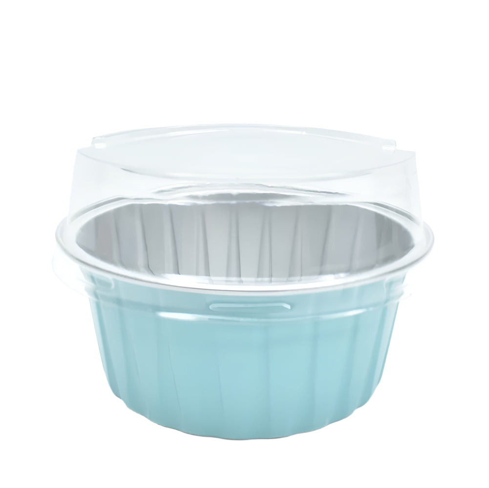 Blue Round Foil Container with a lid on top on a white background.