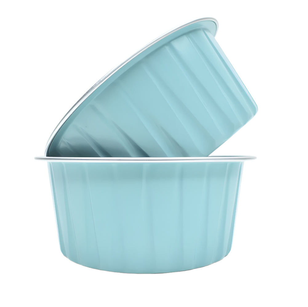 Blue Round Foil Containers, one placed sideways on top of the other, on a white background.