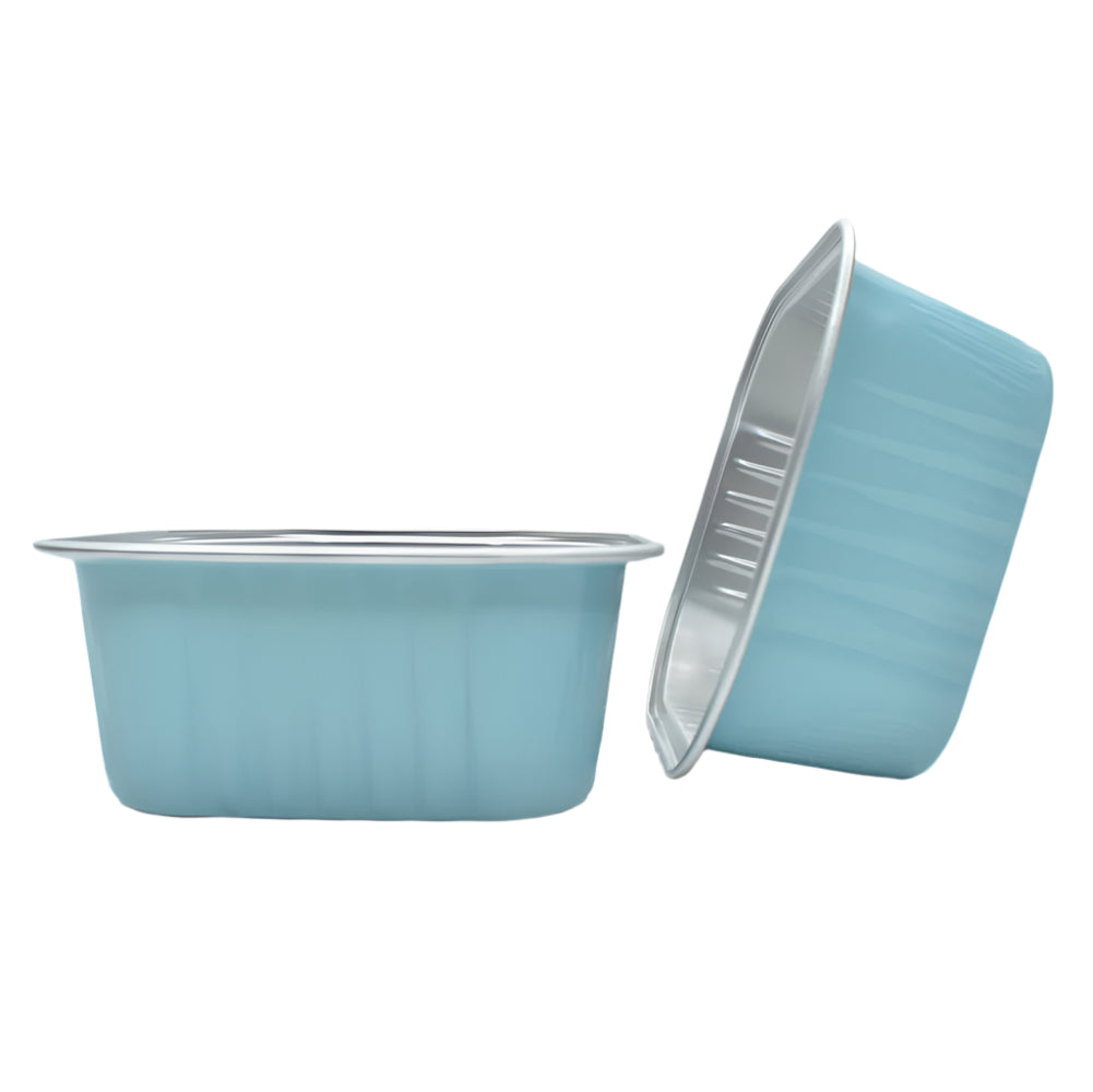 Blue Square Foil Containers, one placed sideways on the side of the other, on a white background.