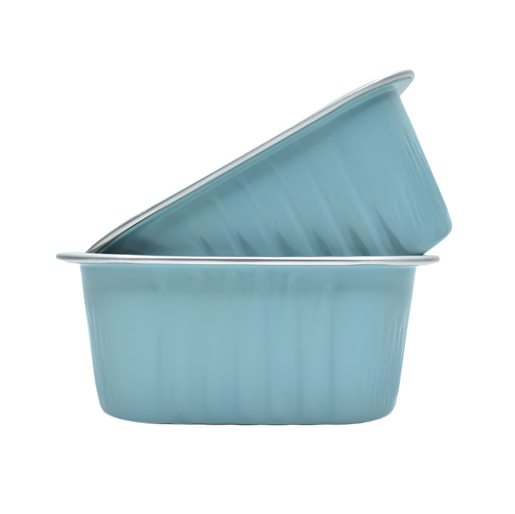 Blue Square Foil Containers, one placed sideways on top of the other, on a white background.