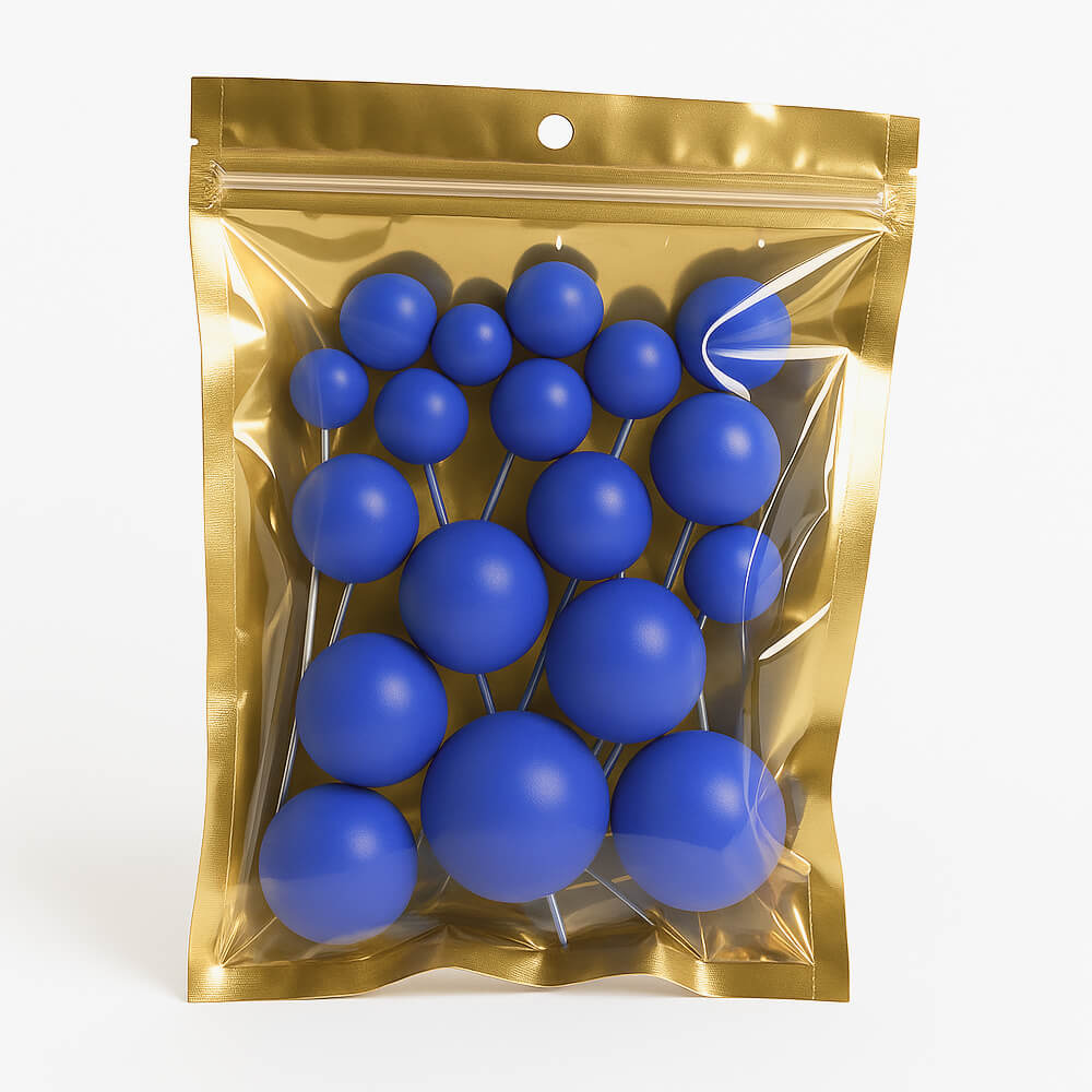 Blue matte faux balls in assorted sizes sealed inside a transparent zip-lock packet – ideal for modern cake decoration or DIY crafts