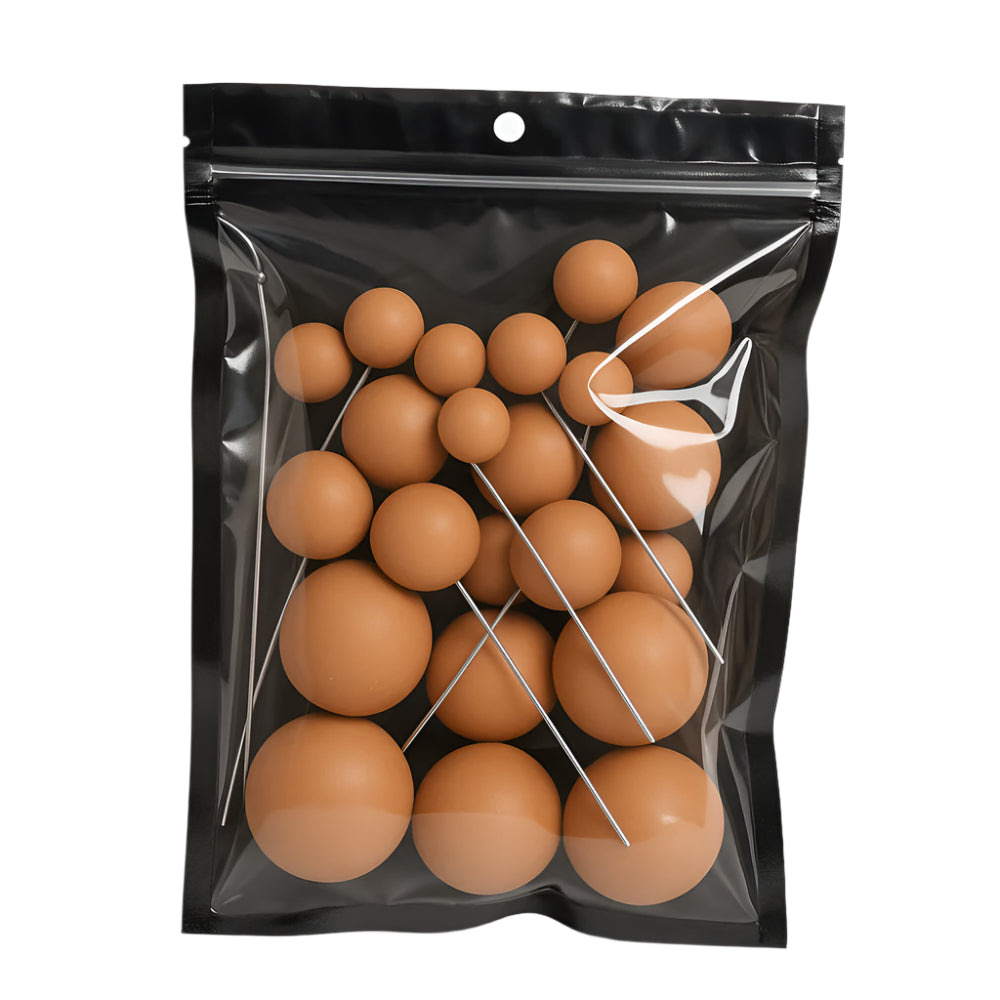 Brown matte faux balls in assorted sizes sealed inside a transparent zip-lock packet – ideal for modern cake decoration or DIY crafts
