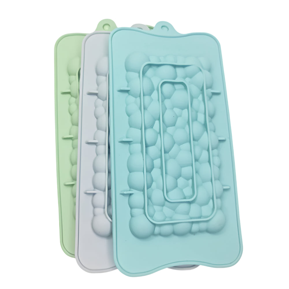 Blue, gray, and green Bubbly Chocolate Molds on a white background, showcasing a playful, fun design for chocolates and candies