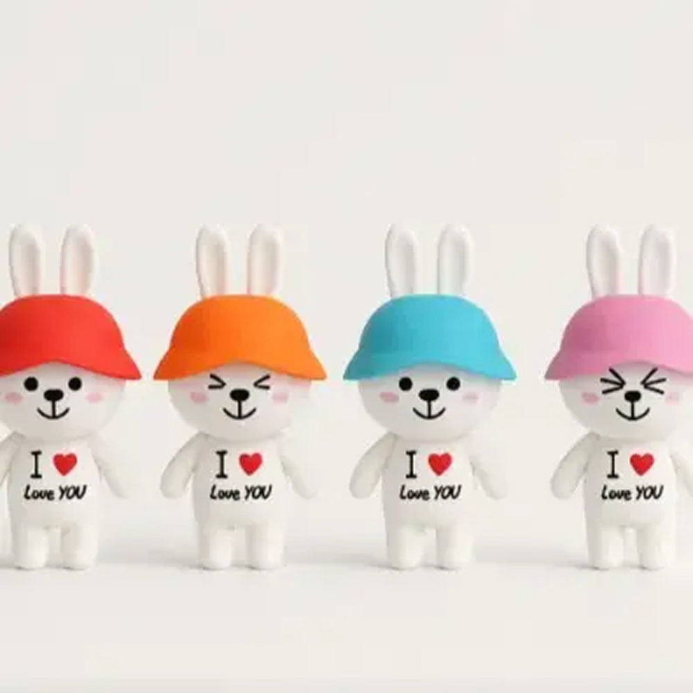 Adorable four-piece bunny rabbit family figurines with colorful outfits and ‘Love You’ prints – perfect for cute cake toppers, Easter-themed decor, and playful DIY crafts.