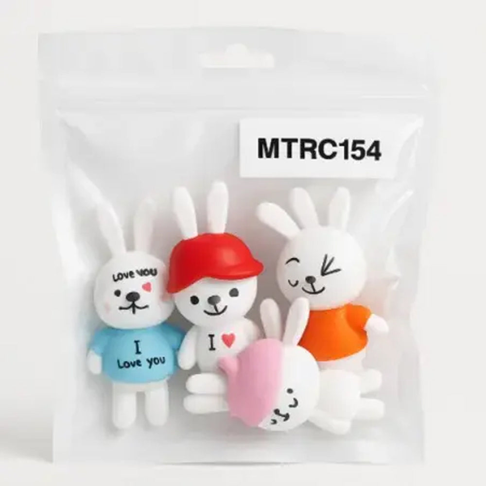 Cute bunny figurines with colored hats and "I ❤️ Love YOU" printed shirts – ideal for Valentine’s cakes, rabbit-themed displays, and kawaii dessert decorations.