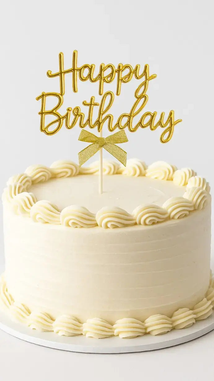 Golden Happy Birthday Topper with Ribbon – Elegant Cake Topper (Pack of 10)  TPR202C