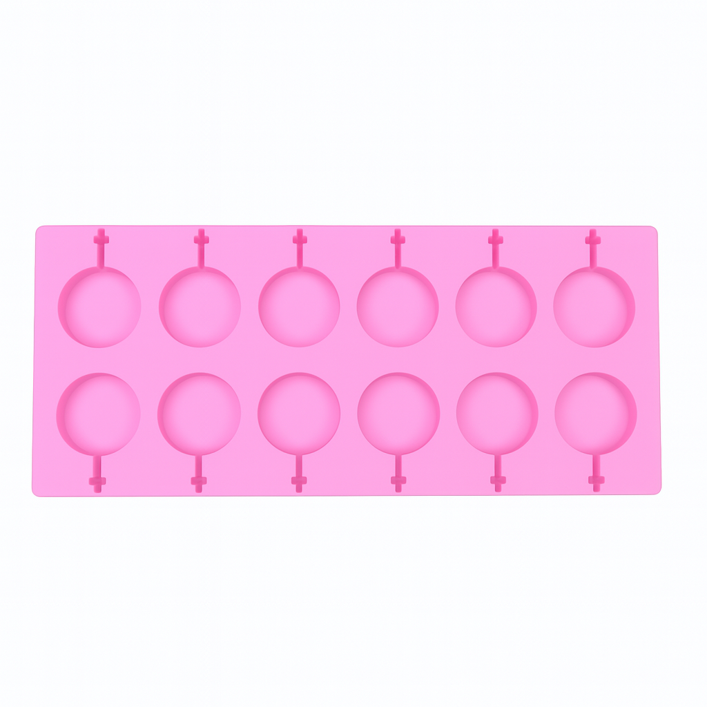Pink silicone chocolate mold with a lollipop designs on a white background