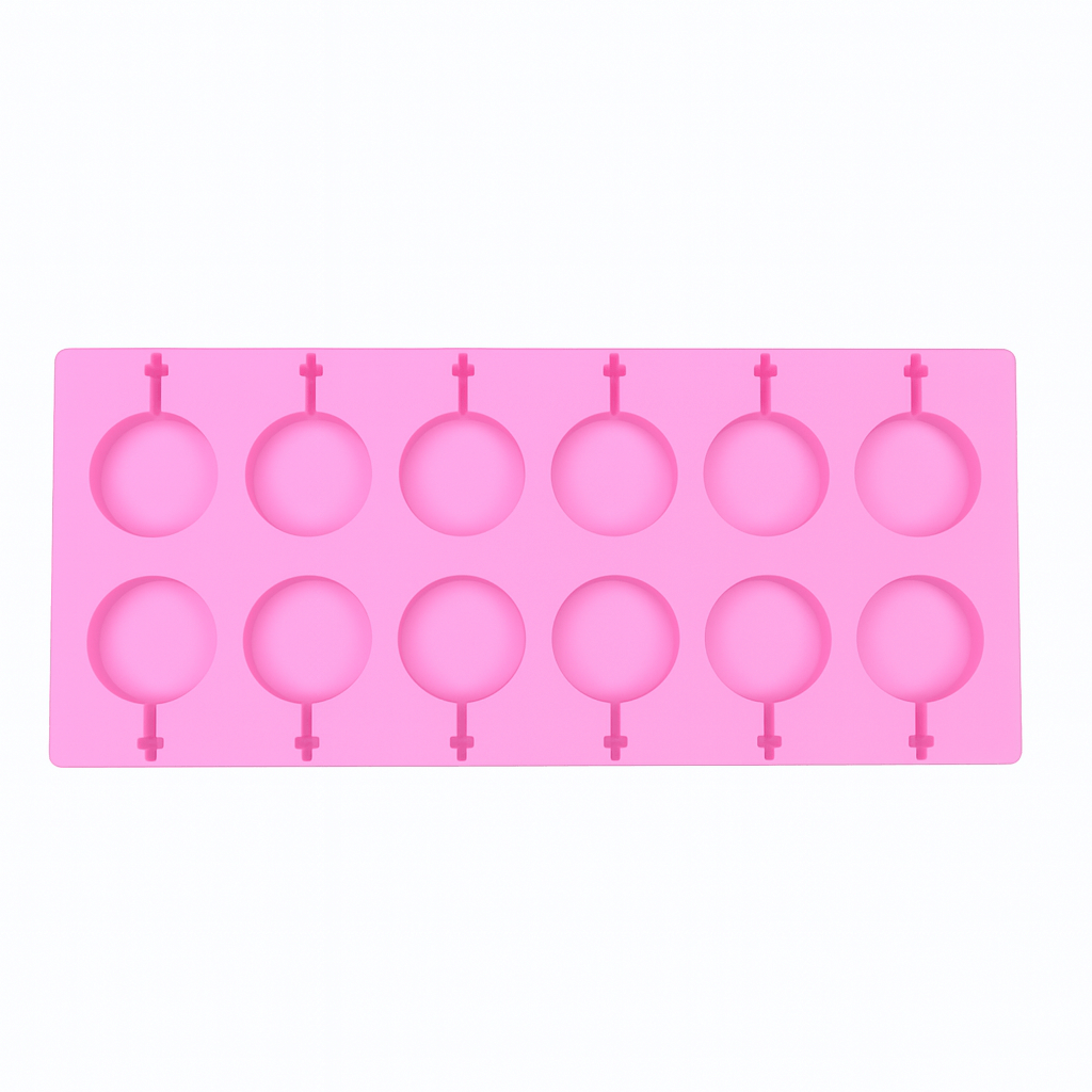 Pink silicone chocolate mold with lollipop shapes on a white background