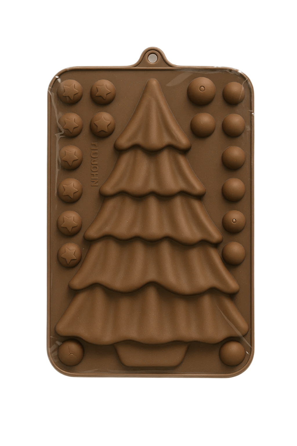 Chocolate mold shaped like a Christmas tree on a white background