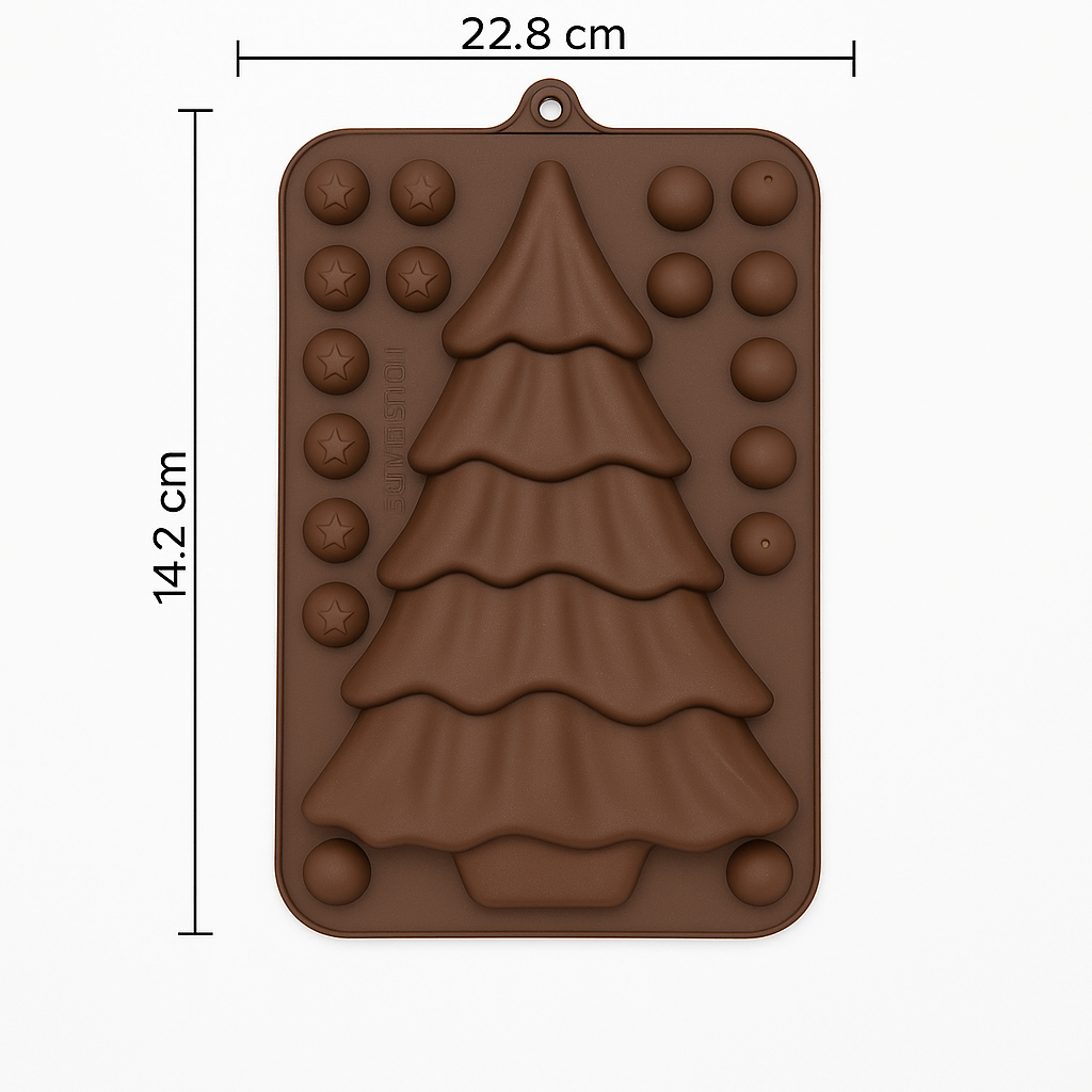 Brown silicone chocolate mold shaped like a Christmas tree with dimensions on a white background
