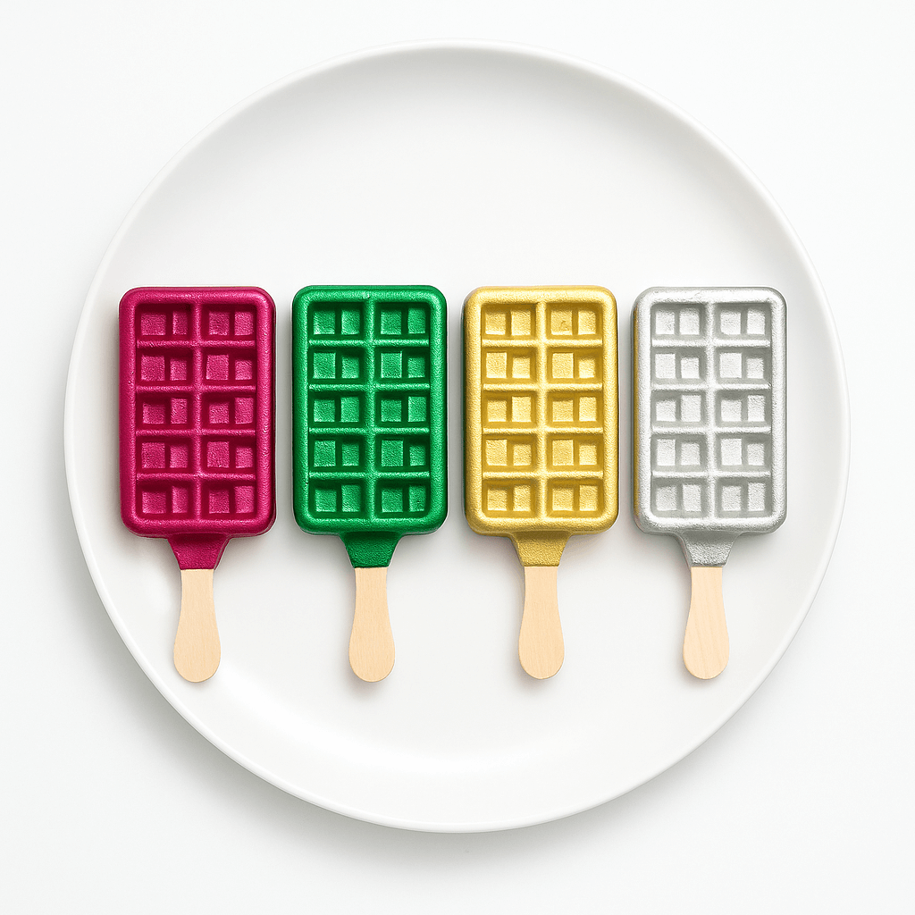 Four colorful ice cream molds on a white plate. To display real output of silicone popsicle mold