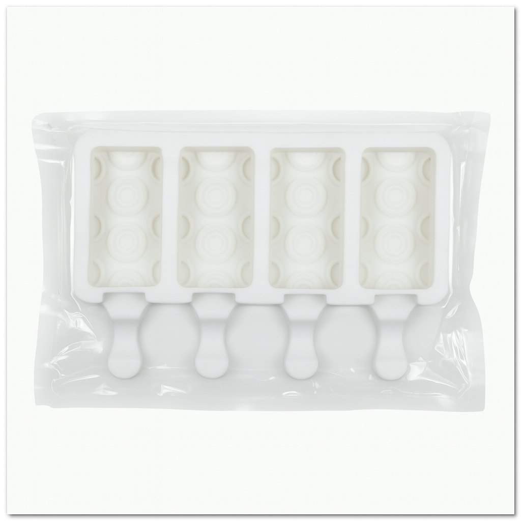 Set of four white silicone ice cream mold in clear packaging on a white background