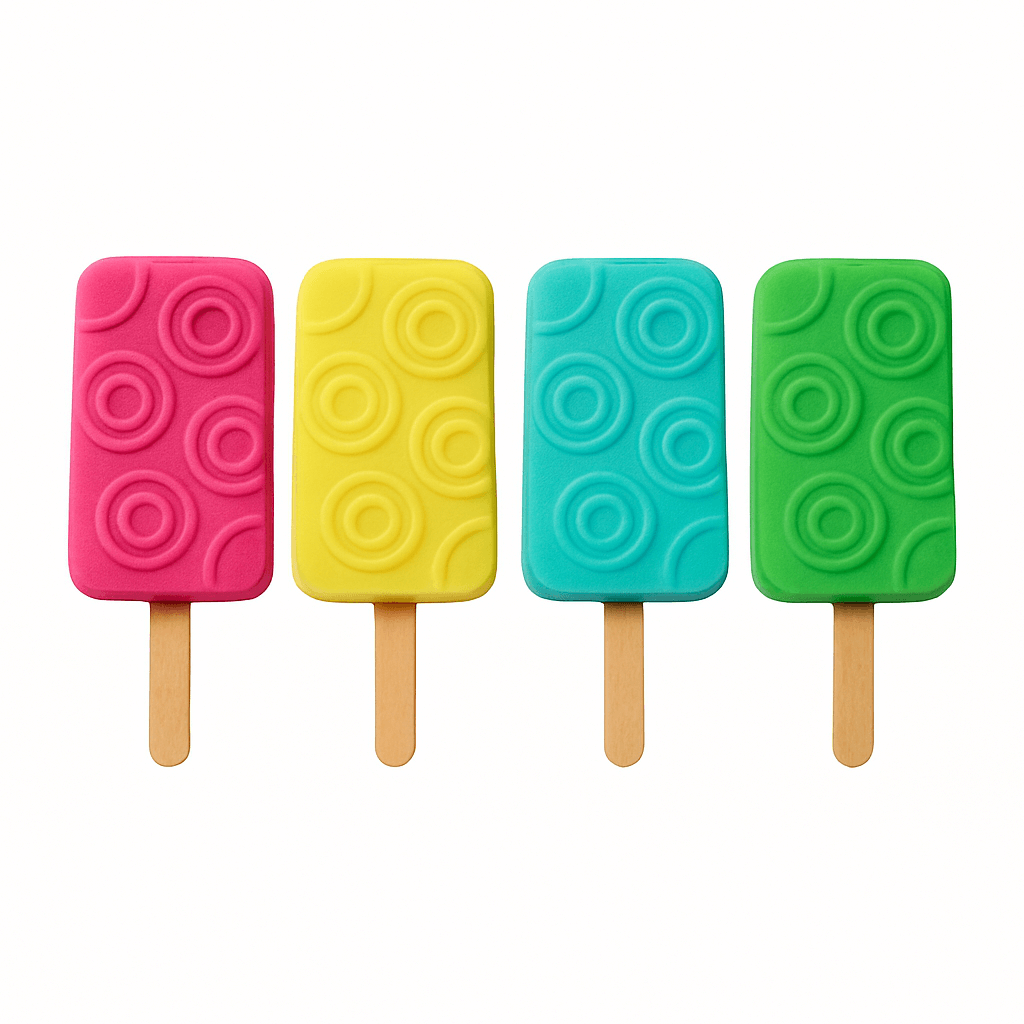 Four colorful popsicles with wooden sticks on a white background, to display real output of the ice-cream mold
