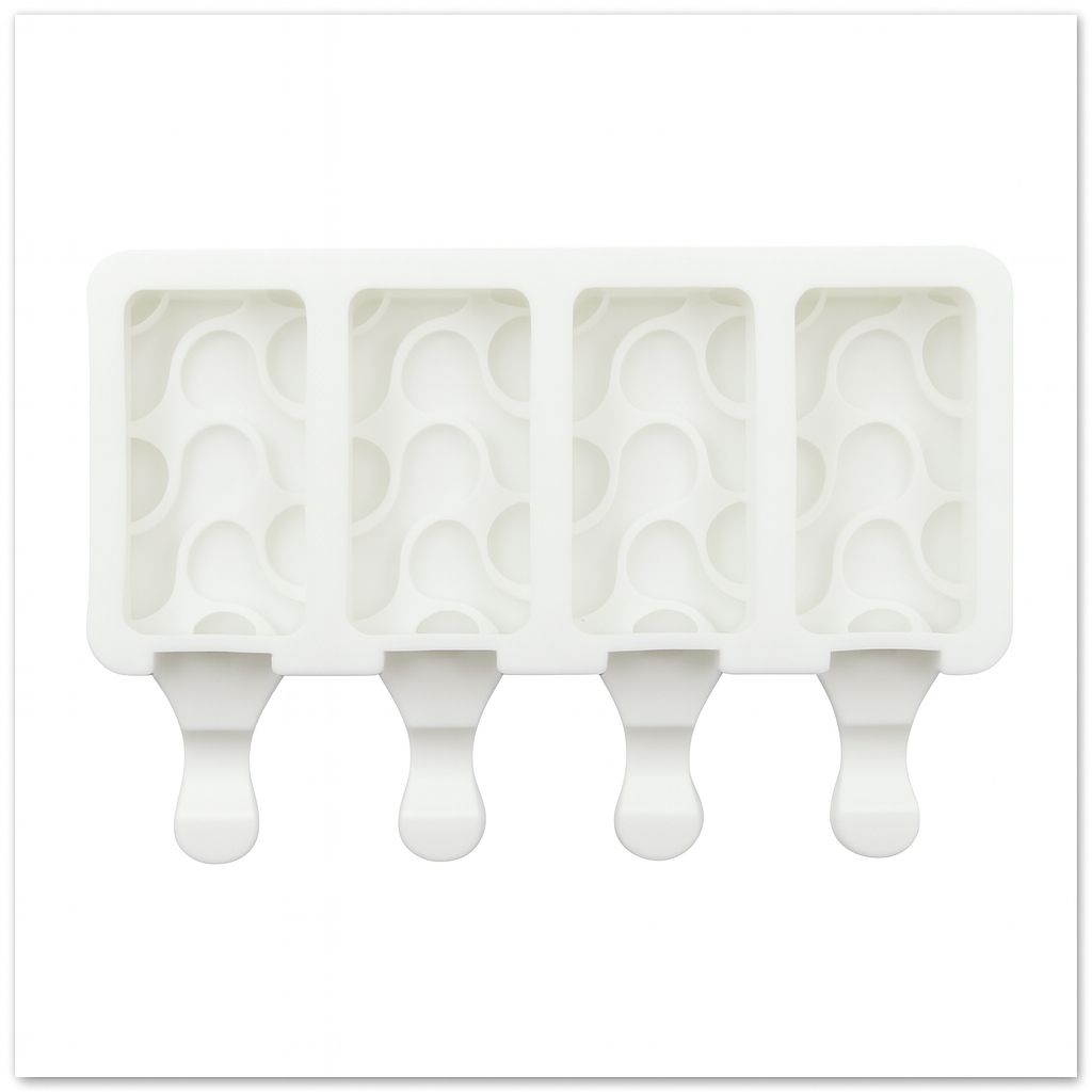 White popsicle silicone mold with four compartments on a white background