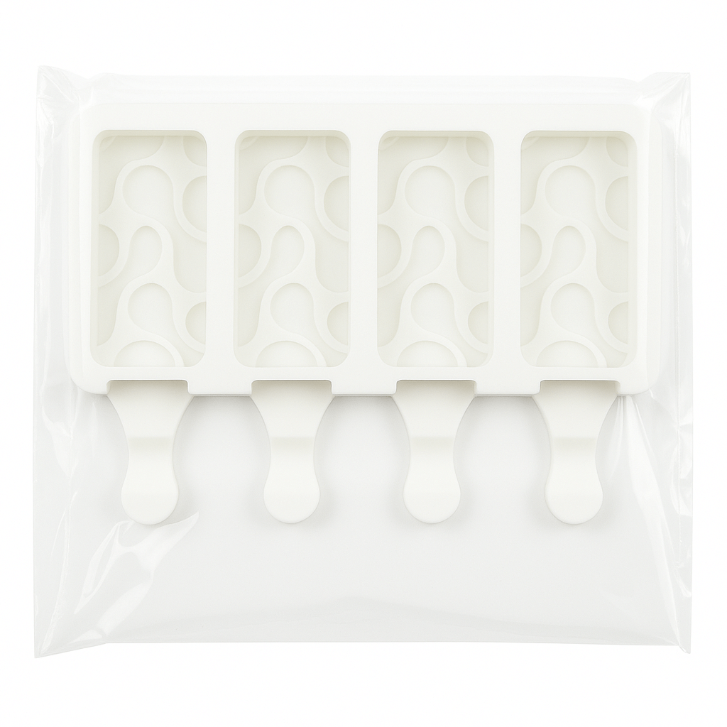 White silicone ice cream mold with clear packaging on a white background