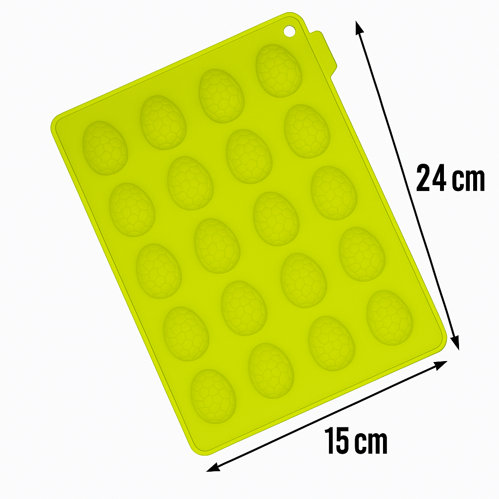 Green silicone chocolate mold with egg-shaped molds, easter themed, and dimensions labeled on a white background